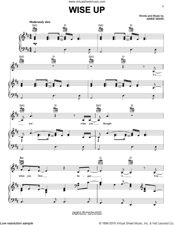 Wise Up (from Magnolia) sheet music for voice, piano or guitar by Aimee Mann, intermediate skill level