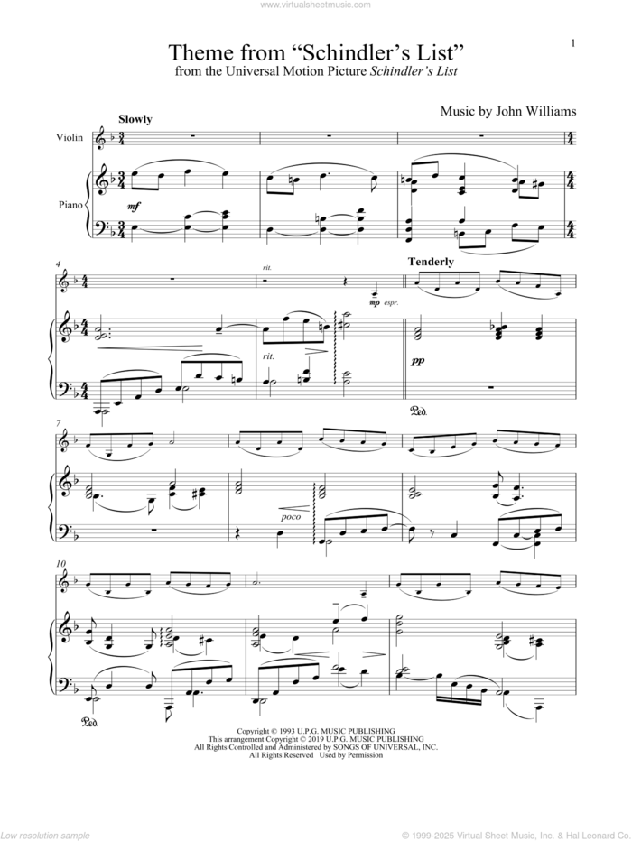 Theme From 'Schindler's List' sheet music for violin and piano by John Williams, intermediate skill level