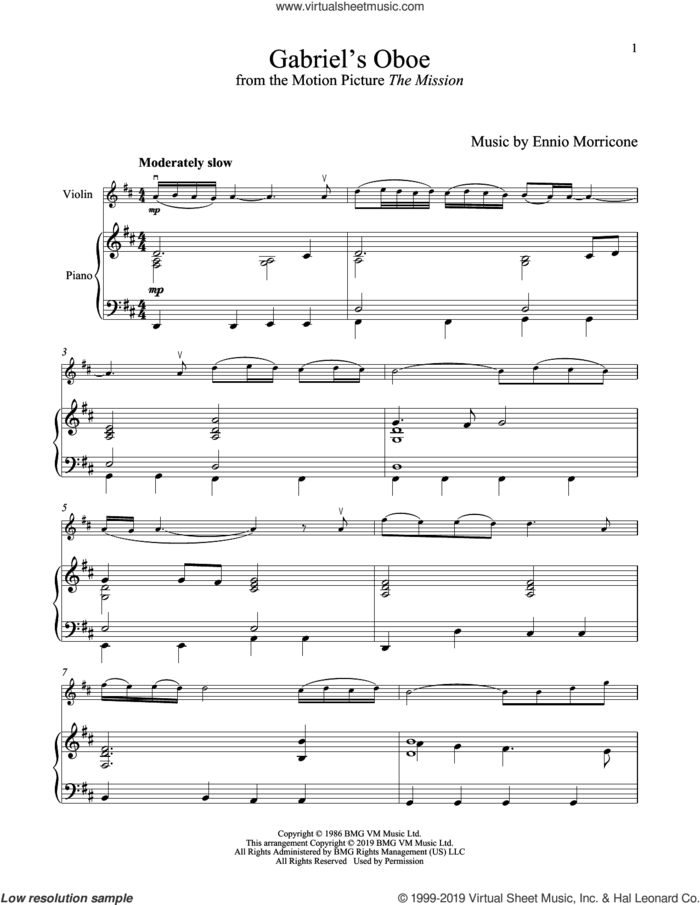 Gabriel's Oboe (from The Mission) sheet music for violin and piano by Ennio Morricone, wedding score, intermediate skill level