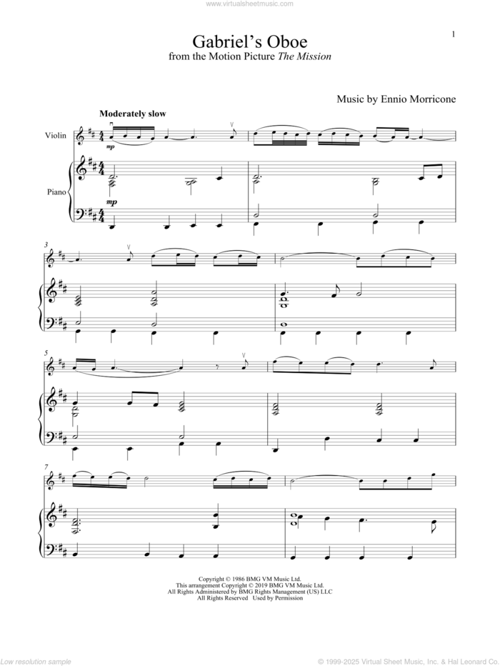 Gabriel's Oboe (from The Mission) sheet music for violin and piano by Ennio Morricone, wedding score, intermediate skill level