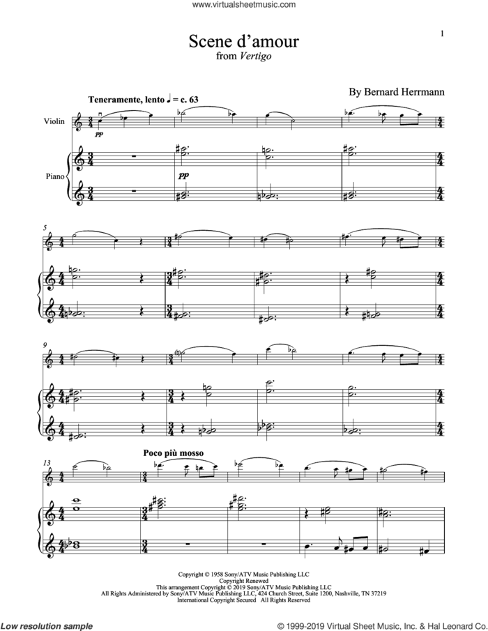 Scene D'Amour (from Vertigo) sheet music for violin and piano by Bernard Hermann, intermediate skill level