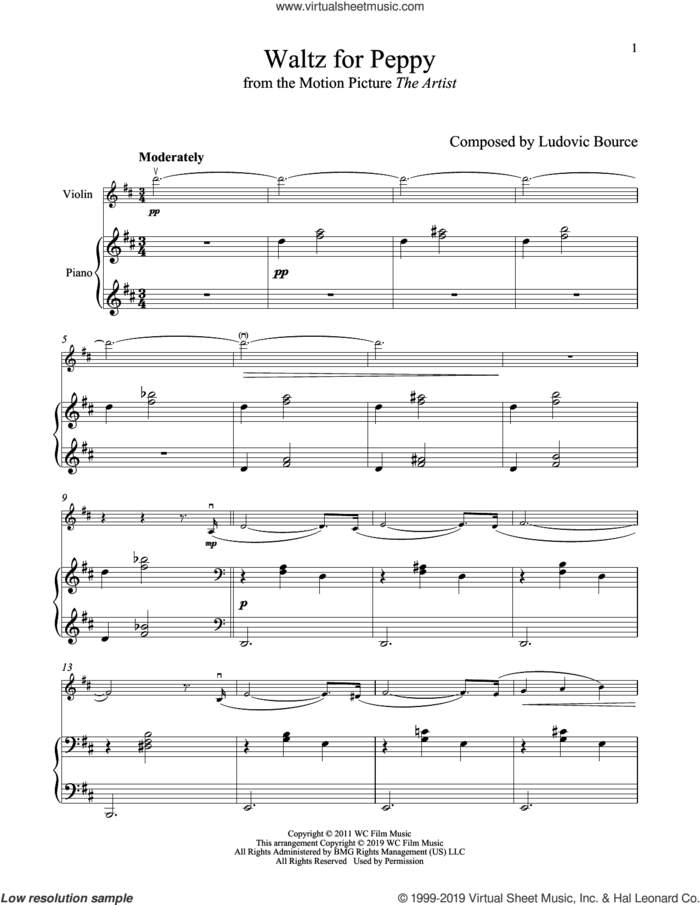 Waltz For Peppy (from The Artist) sheet music for violin and piano by Ludovic Bource, intermediate skill level
