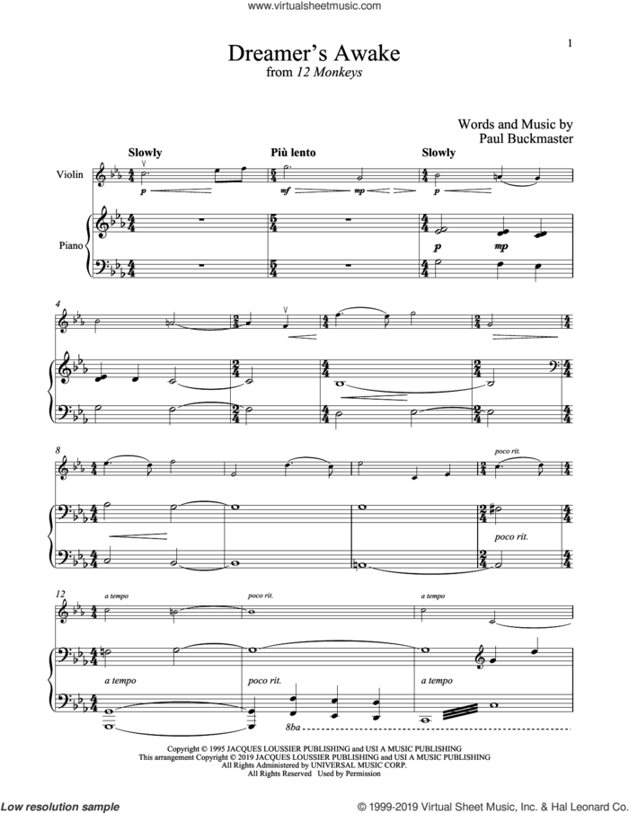 Dreamer's Awake (from 12 Monkeys) sheet music for violin and piano by Paul Buckmaster, intermediate skill level