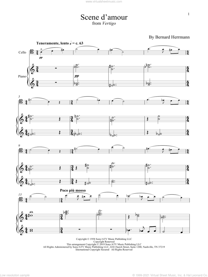 Scene D'Amour (from Vertigo) sheet music for cello and piano by Bernard Hermann, intermediate skill level