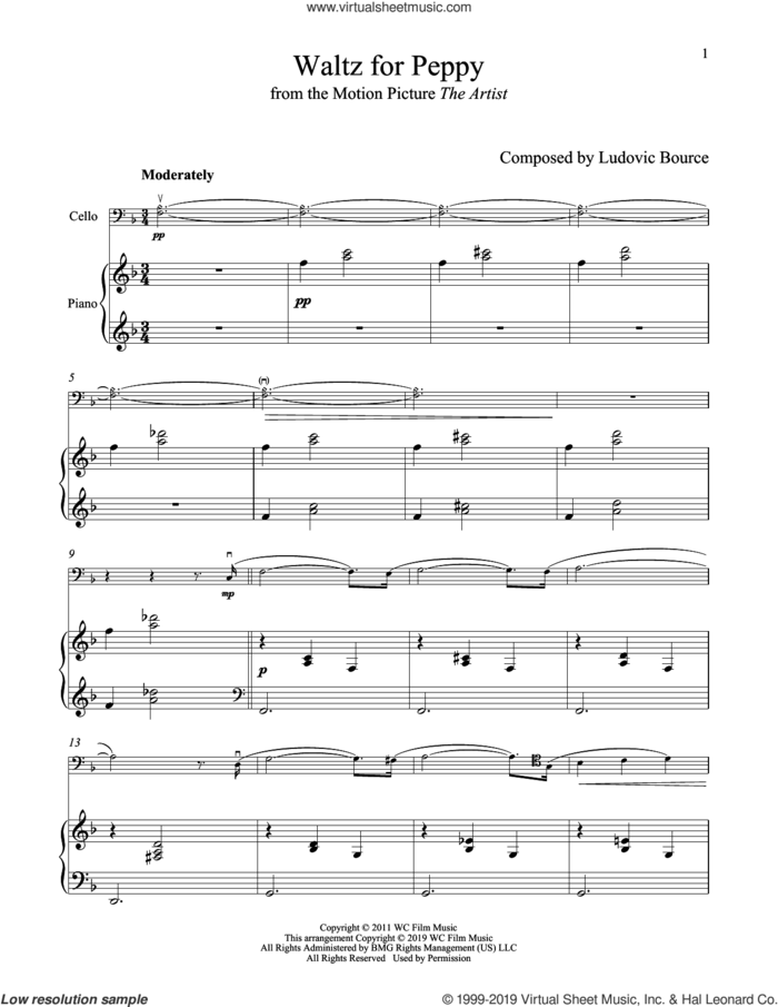 Waltz For Peppy (from The Artist) sheet music for cello and piano by Ludovic Bource, intermediate skill level