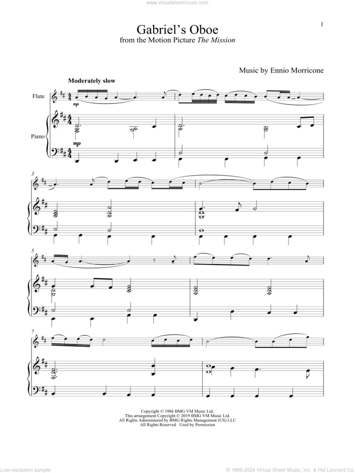 Gabriel's Oboe (from The Mission) sheet music for flute and piano by Ennio Morricone, wedding score, intermediate skill level