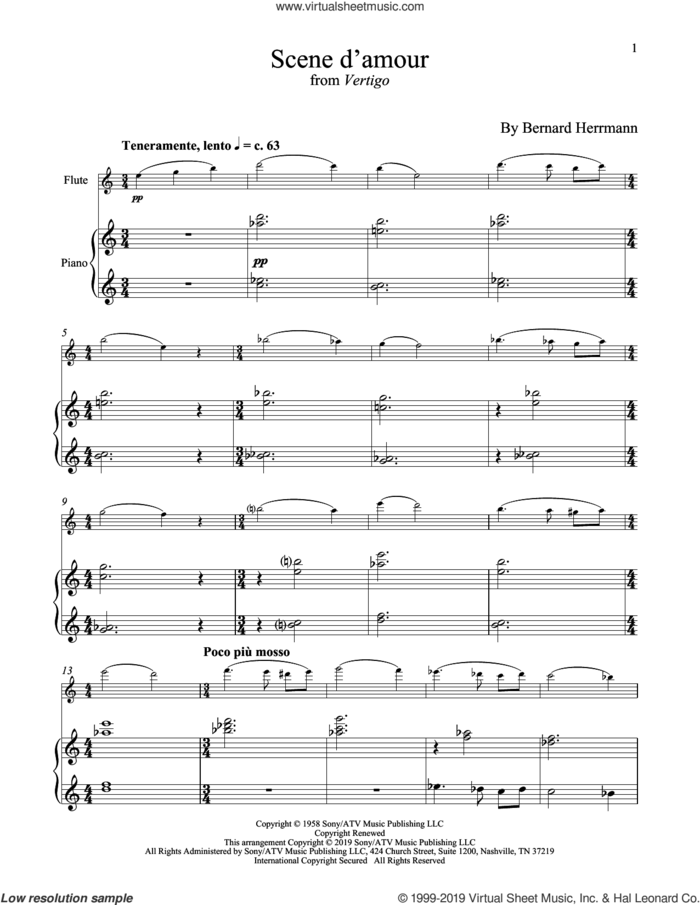 Scene D'Amour (from Vertigo) sheet music for flute and piano by Bernard Hermann, intermediate skill level
