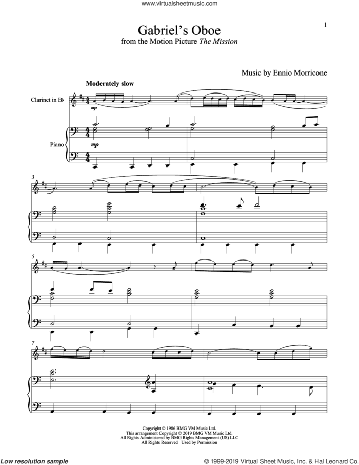 Gabriel's Oboe (from The Mission) sheet music for clarinet and piano by Ennio Morricone, wedding score, intermediate skill level