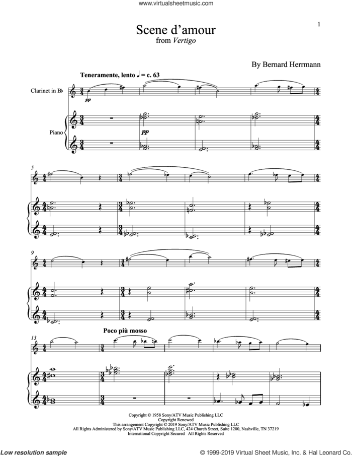 Scene D'Amour (from Vertigo) sheet music for clarinet and piano by Bernard Hermann, intermediate skill level