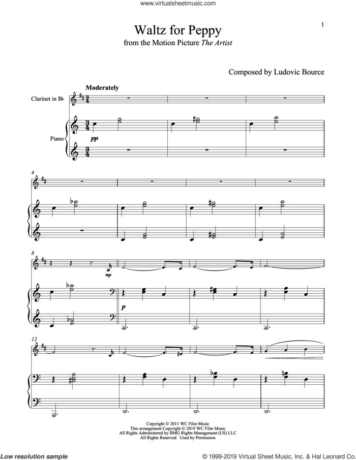 Waltz For Peppy (from The Artist) sheet music for clarinet and piano by Ludovic Bource, intermediate skill level