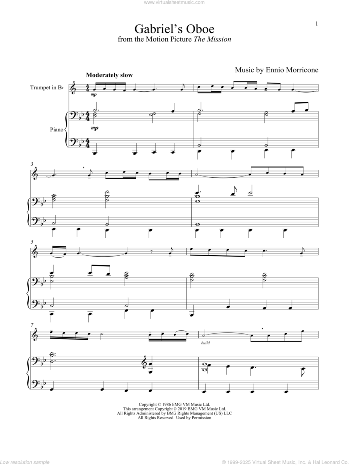 Gabriel's Oboe (from The Mission) sheet music for trumpet and piano by Ennio Morricone, wedding score, intermediate skill level