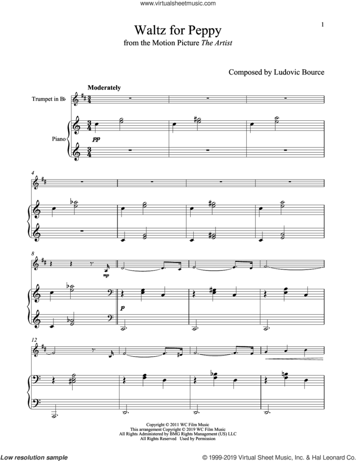 Waltz For Peppy (from The Artist) sheet music for trumpet and piano by Ludovic Bource, intermediate skill level