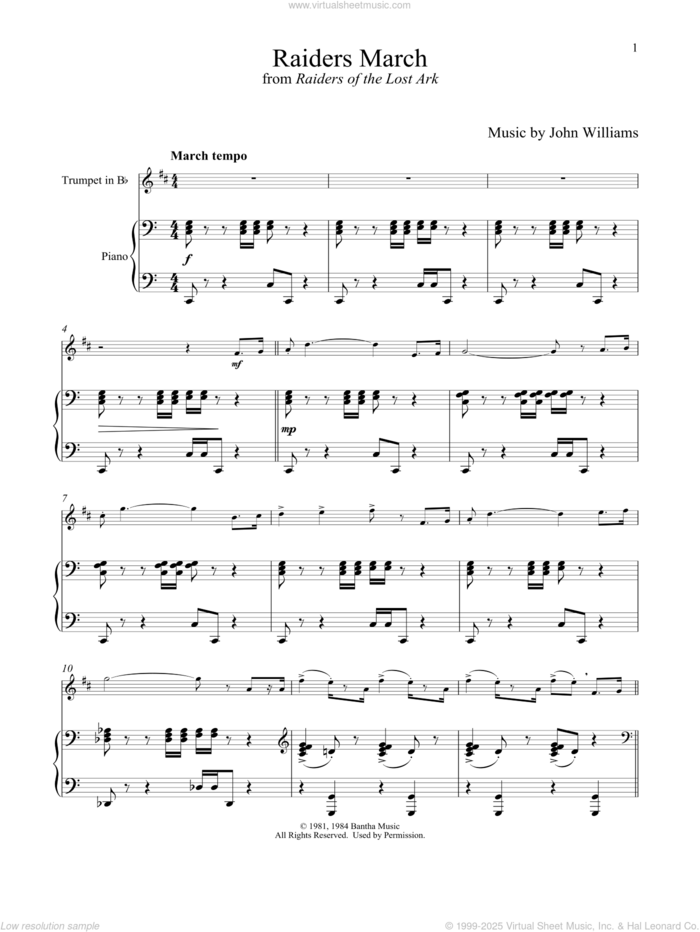 Raiders March (from Raiders of the Lost Ark) sheet music for trumpet and piano by John Williams, intermediate skill level