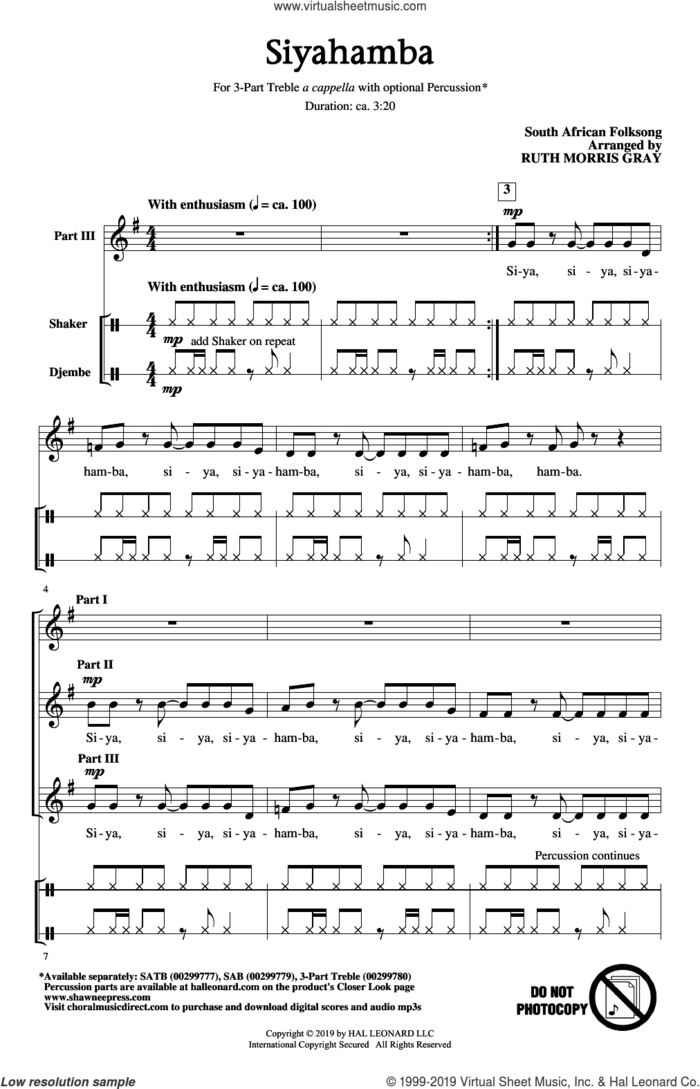 Siyahamba (arr. Ruth Morris Gray) sheet music for choir (3-Part Treble) by South African Folksong and Ruth Morris Gray, intermediate skill level