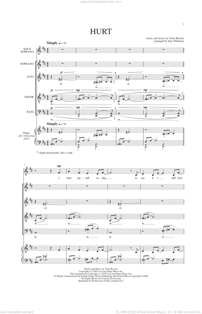 Hurt (arr. Eric Whitacre) sheet music for choir (SATB: soprano, alto, tenor, bass) by Trent Reznor and Eric Whitacre, intermediate skill level