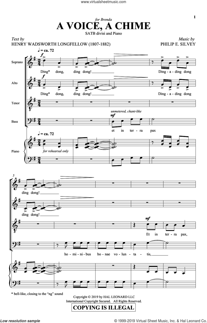 A Voice, A Chime sheet music for choir (SATB: soprano, alto, tenor, bass) by Philip Silvey, Henry Wadsworth Longfellow and Henry Wadsworth Longfellow and Philip E. Silvey, intermediate skill level