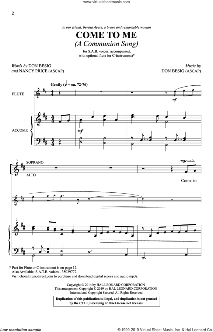 Come To Me (A Communion Song) sheet music for choir (SAB: soprano, alto, bass) by Don Besig, Don Besig and Nancy Price and Nancy Price, intermediate skill level