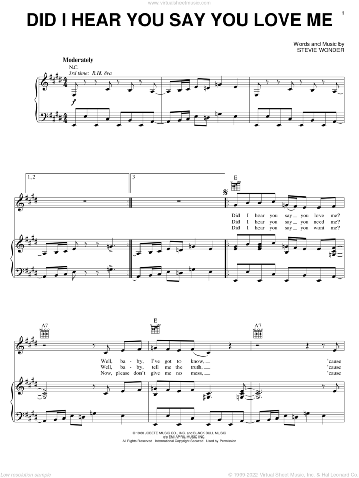 Did I Hear You Say You Love Me sheet music for voice, piano or guitar by Stevie Wonder, intermediate skill level