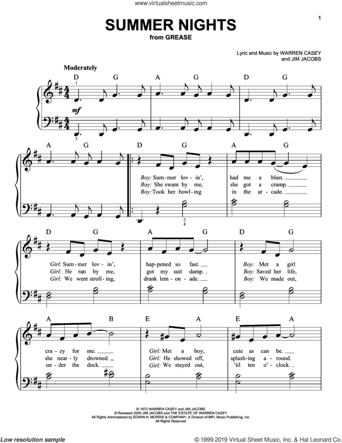 Summer Nights (from Grease) sheet music for piano solo by Warren Casey & Jim Jacobs, Jim Jacobs and Warren Casey, easy skill level