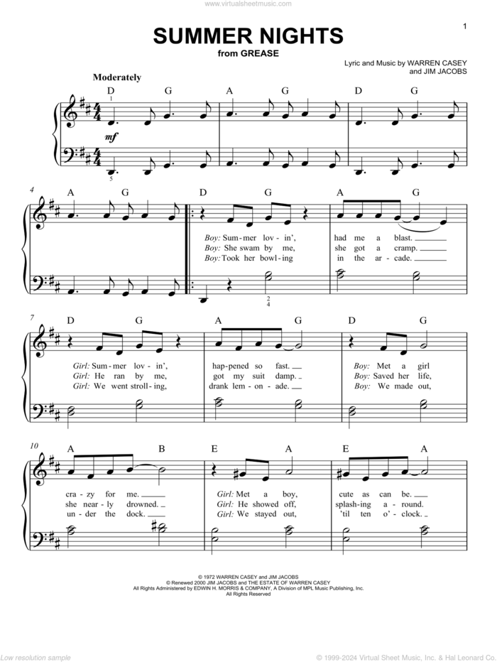 Summer Nights (from Grease) sheet music for piano solo by Warren Casey & Jim Jacobs, Jim Jacobs and Warren Casey, easy skill level