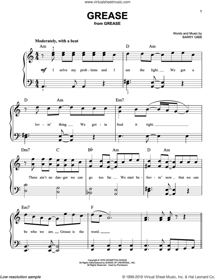 Grease sheet music for piano solo by Frankie Valli and Barry Gibb, easy skill level