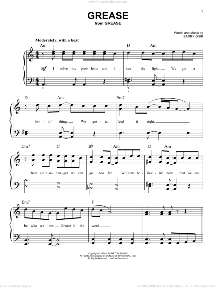 Grease sheet music for piano solo by Frankie Valli and Barry Gibb, easy skill level