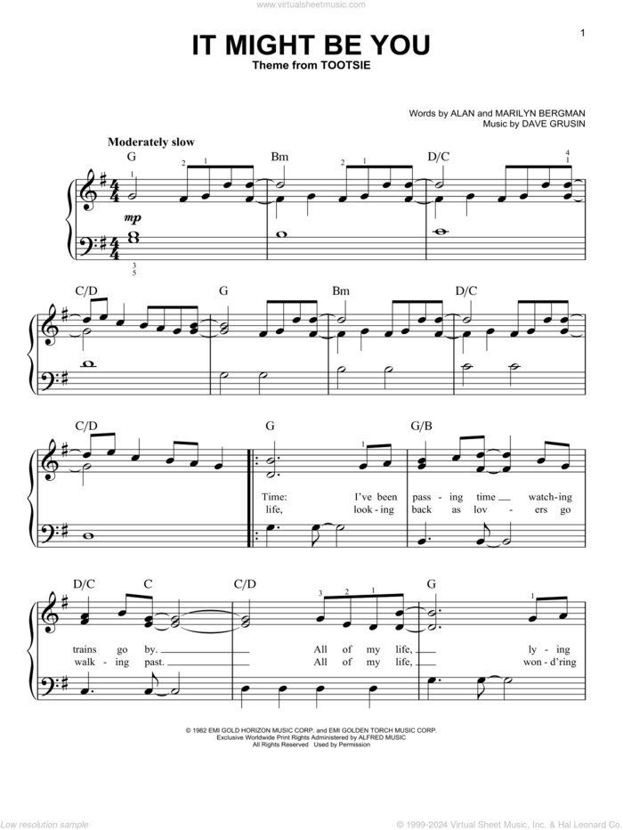 It Might Be You (from Tootsie) sheet music for piano solo by Marilyn Bergman and Dave Grusin, easy skill level