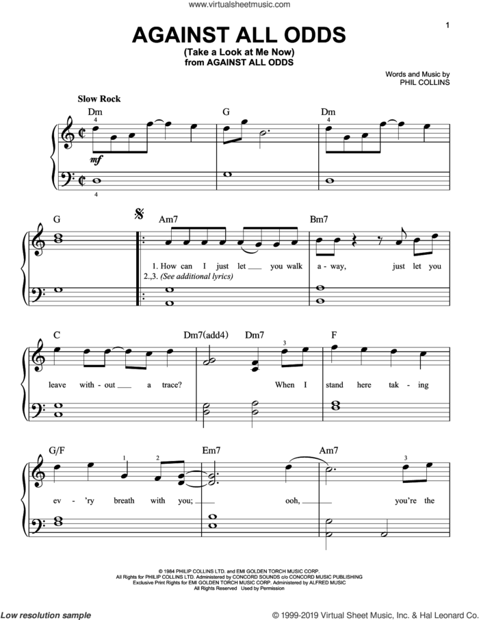Against All Odds (Take A Look At Me Now), (easy) sheet music for piano solo by Phil Collins, easy skill level