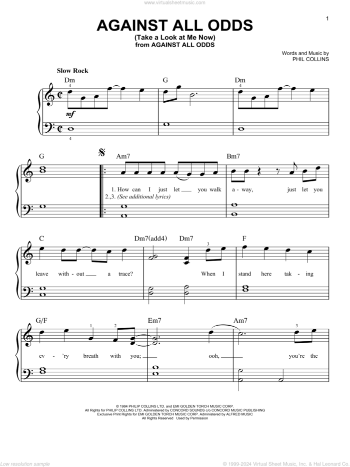 Against All Odds (Take A Look At Me Now), (easy) sheet music for piano solo by Phil Collins, easy skill level