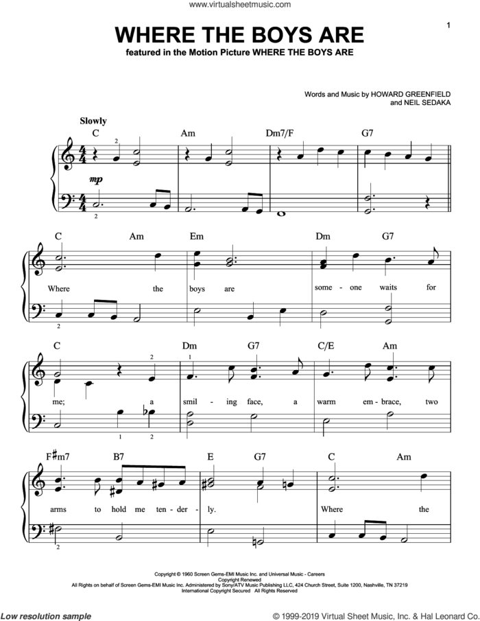 Where The Boys Are sheet music for piano solo by Connie Francis, Howard Greenfield and Neil Sedaka, easy skill level