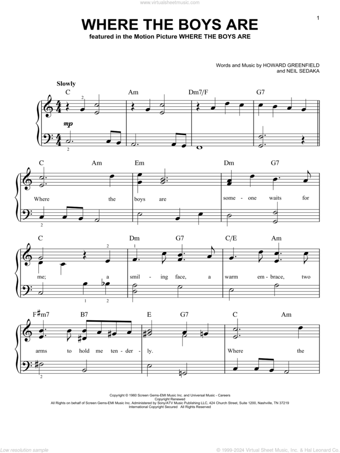 Where The Boys Are sheet music for piano solo by Connie Francis, Howard Greenfield and Neil Sedaka, easy skill level