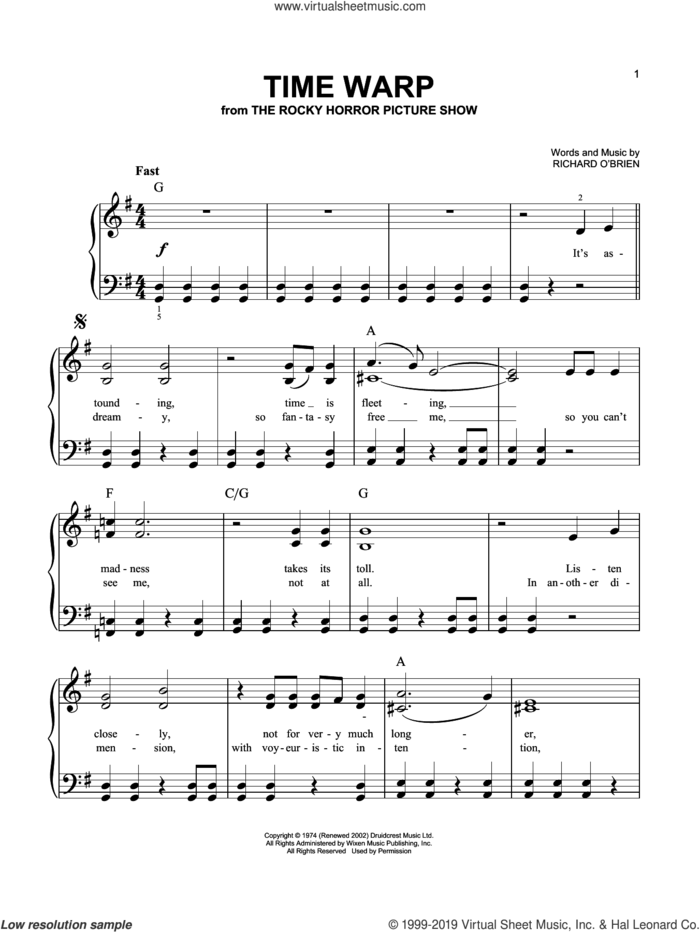 Time Warp (from The Rocky Horror Picture Show), (easy) sheet music for piano solo by Richard O'Brien, easy skill level