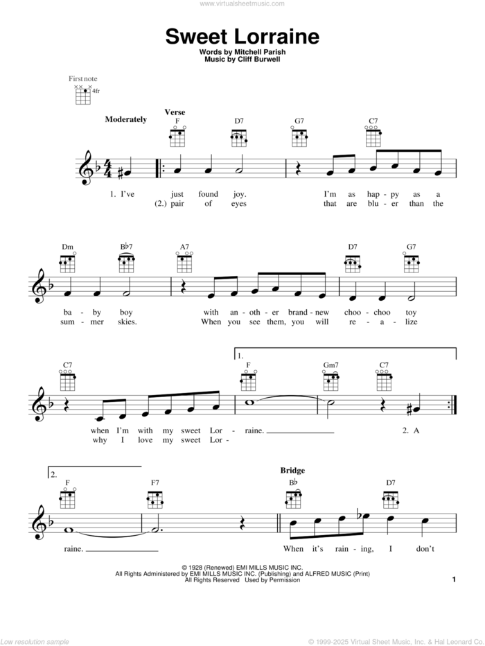 Sweet Lorraine sheet music for ukulele by Mitchell Parish, Cliff Burwell and Mitchell Parish and Cliff Burwell, intermediate skill level