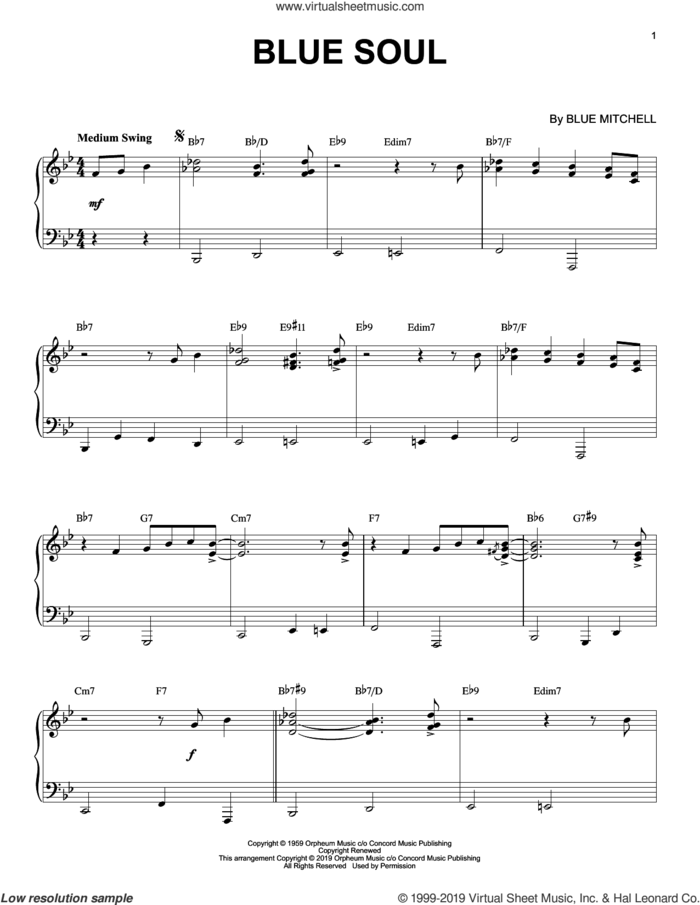 Blue Soul [Jazz version] sheet music for piano solo by Blue Mitchell, intermediate skill level