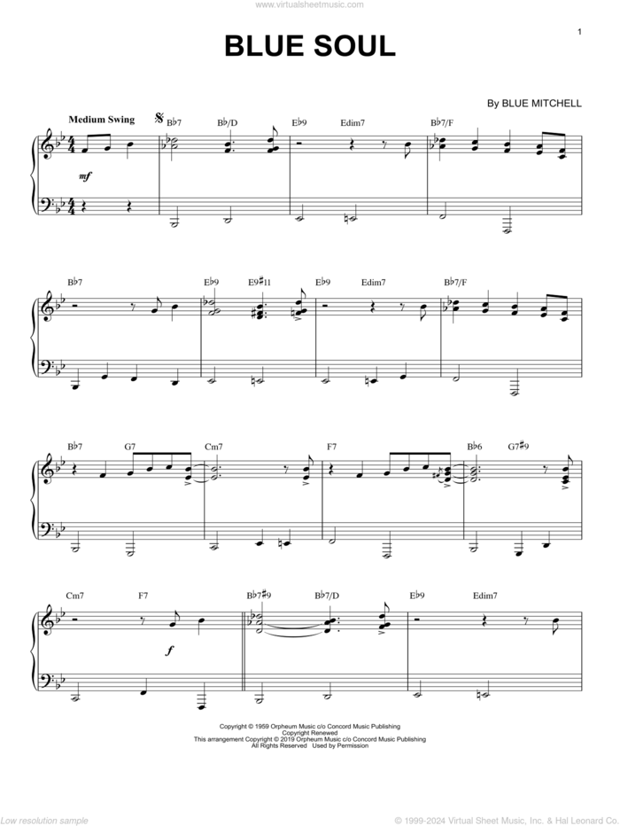 Blue Soul [Jazz version] sheet music for piano solo by Blue Mitchell, intermediate skill level