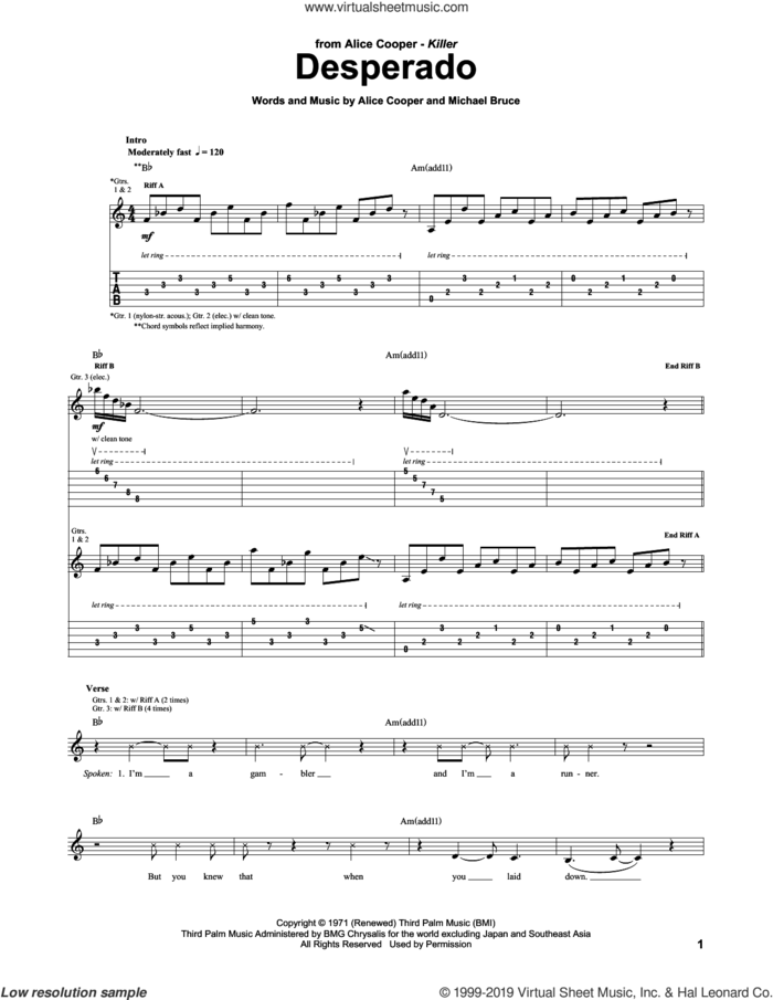 Desperado sheet music for guitar (tablature) by Alice Cooper and Michael Bruce, intermediate skill level