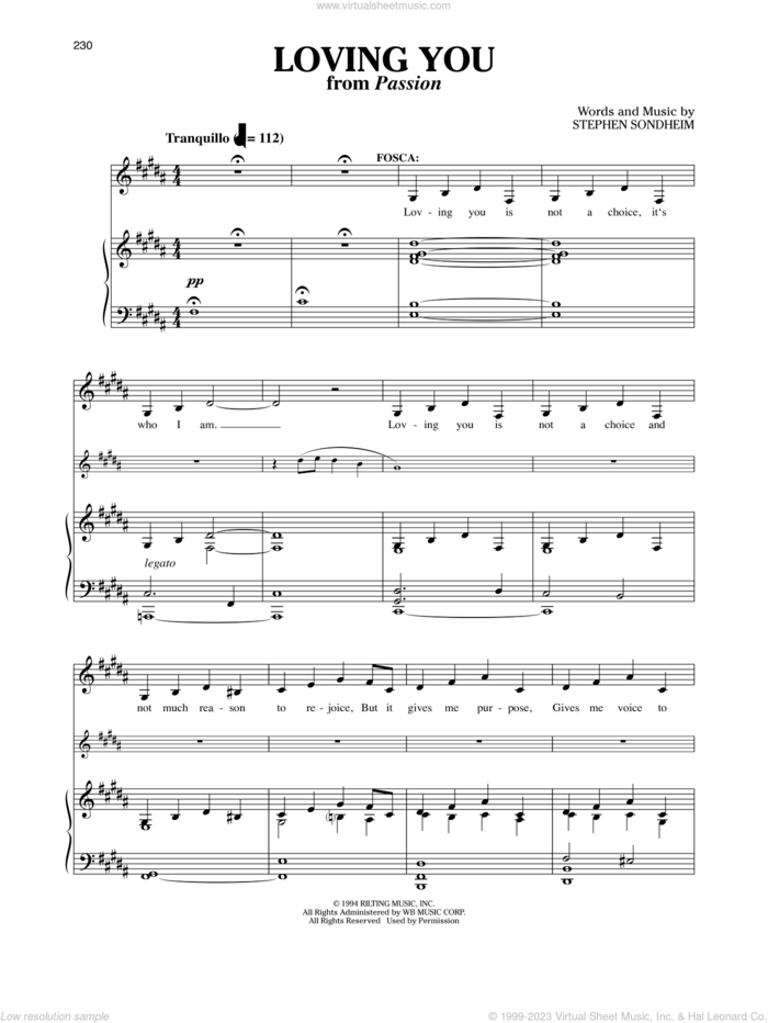 Loving You (from Passion) sheet music for voice and piano by Stephen Sondheim and Richard Walters, intermediate skill level
