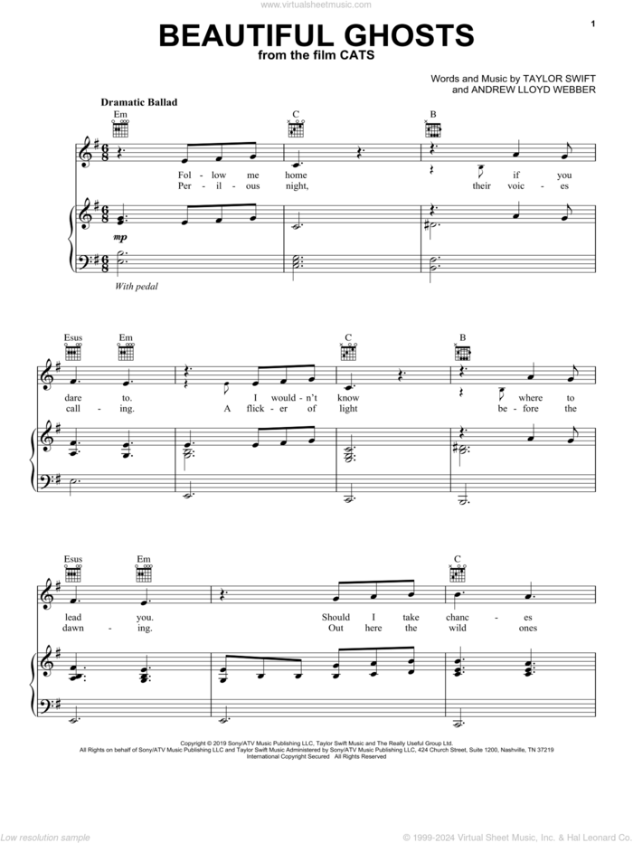 Beautiful Ghosts (from the Motion Picture Cats) sheet music for voice, piano or guitar by Taylor Swift and Andrew Lloyd Webber, intermediate skill level
