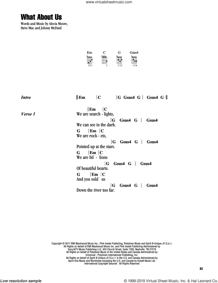 What About Us sheet music for ukulele (chords) by Steve Mac, Miscellaneous, Alecia Moore and Johnny McDaid, intermediate skill level