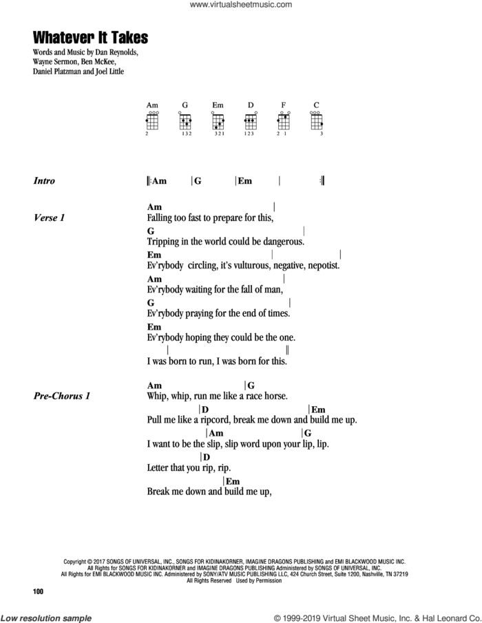 Whatever It Takes sheet music for ukulele (chords) by Imagine Dragons, Ben McKee, Dan Reynolds, Daniel Platzman, Joel Little and Wayne Sermon, intermediate skill level