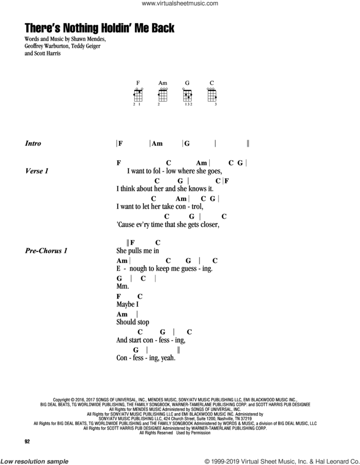 There's Nothing Holdin' Me Back sheet music for ukulele (chords) by Shawn Mendes, Geoffrey Warburton, Scott Harris and Teddy Geiger, intermediate skill level