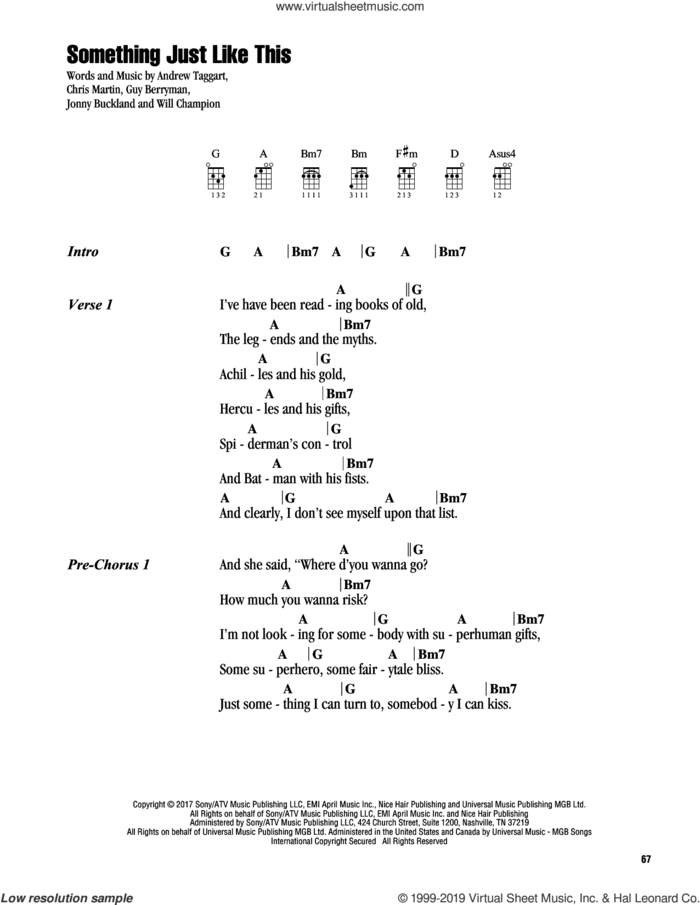 Something Just Like This sheet music for ukulele (chords) by The Chainsmokers & Coldplay, Andrew Taggart, Chris Martin, Guy Berryman, Jonny Buckland and Will Champion, intermediate skill level