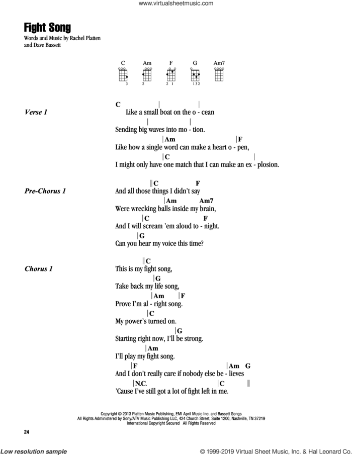 Fight Song sheet music for ukulele (chords) by Rachel Platten and Dave Bassett, intermediate skill level