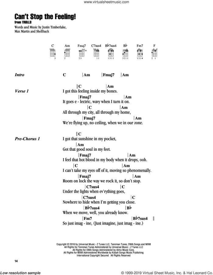 Can't Stop The Feeling! sheet music for ukulele (chords) by Justin Timberlake, Johan Schuster, Max Martin and Shellback, intermediate skill level