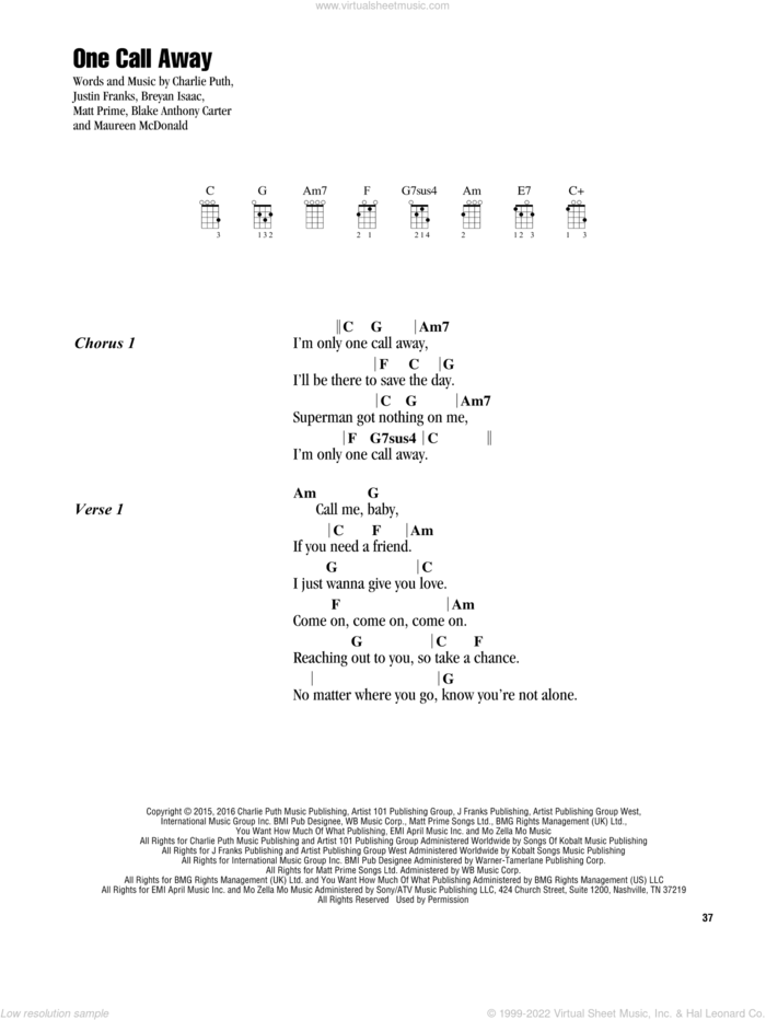 One Call Away sheet music for ukulele (chords) by Charlie Puth, Blake Anthony Carter, Breyan Isaac, Justin Franks, Matt Prime and Maureen Mcdonald, intermediate skill level