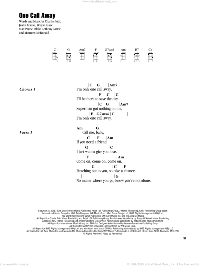 One Call Away sheet music for ukulele (chords) by Charlie Puth, Blake Anthony Carter, Breyan Isaac, Justin Franks, Matt Prime and Maureen Mcdonald, intermediate skill level