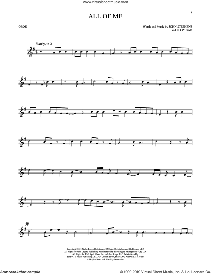 All Of Me sheet music for oboe solo by John Legend, John Stephens and Toby Gad, intermediate skill level