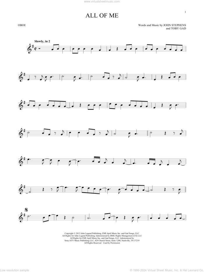 All Of Me sheet music for oboe solo by John Legend, John Stephens and Toby Gad, wedding score, intermediate skill level