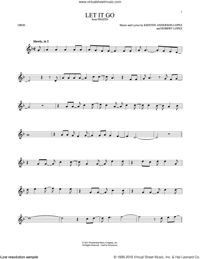 Let It Go (from Frozen) sheet music for oboe solo by Idina Menzel, Kristen Anderson-Lopez and Robert Lopez, intermediate skill level