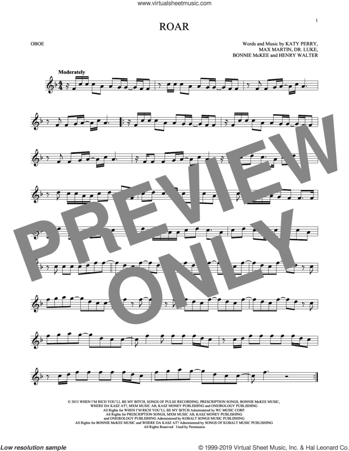 Roar sheet music for oboe solo by Katy Perry, Bonnie McKee, Dr. Luke, Henry Walter, Lukasz Gottwald and Max Martin, intermediate skill level